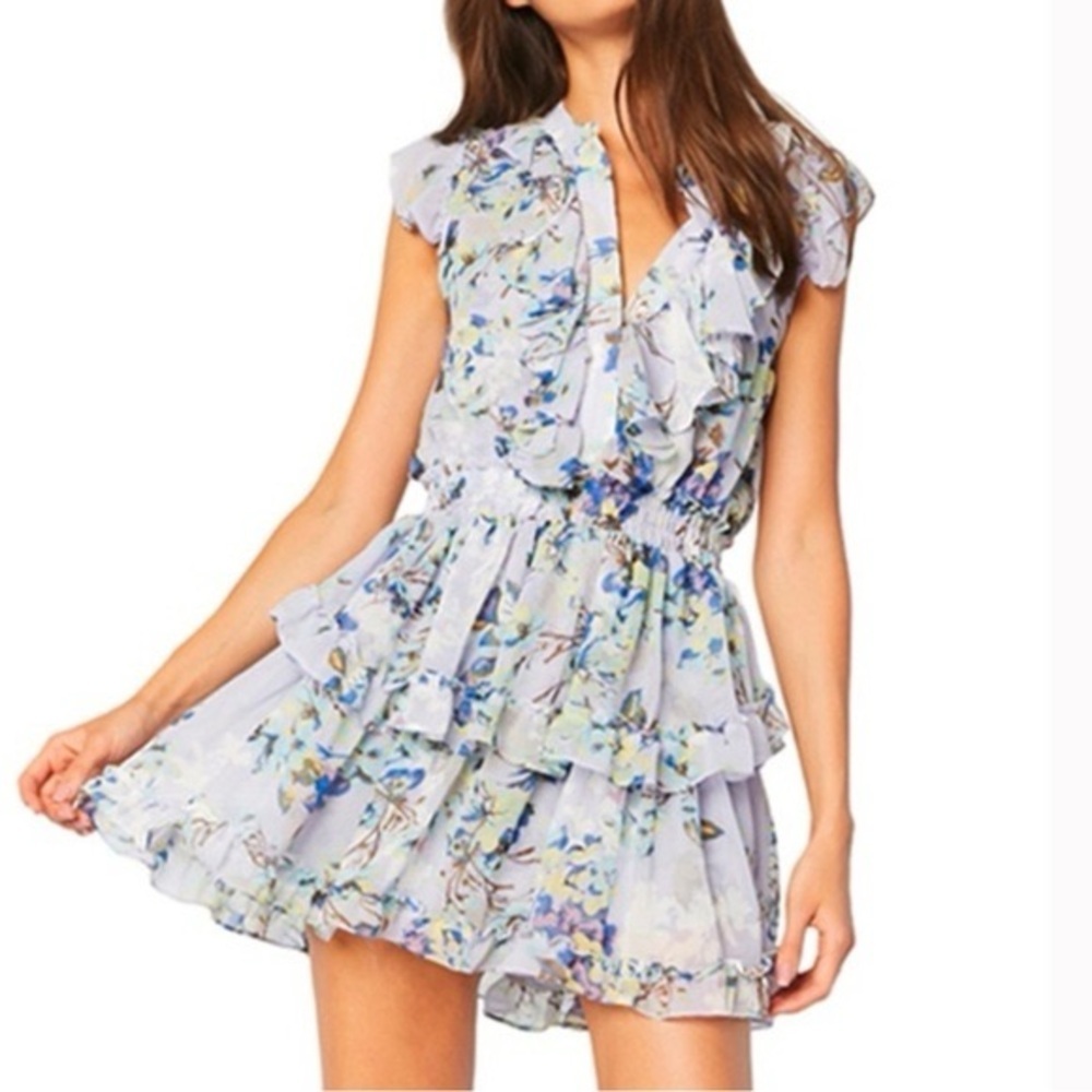 MISA Alona Floral Ruffle Mini Dress Purple Sundress Vacation Party Garden S Trip - Picture 6 of 15